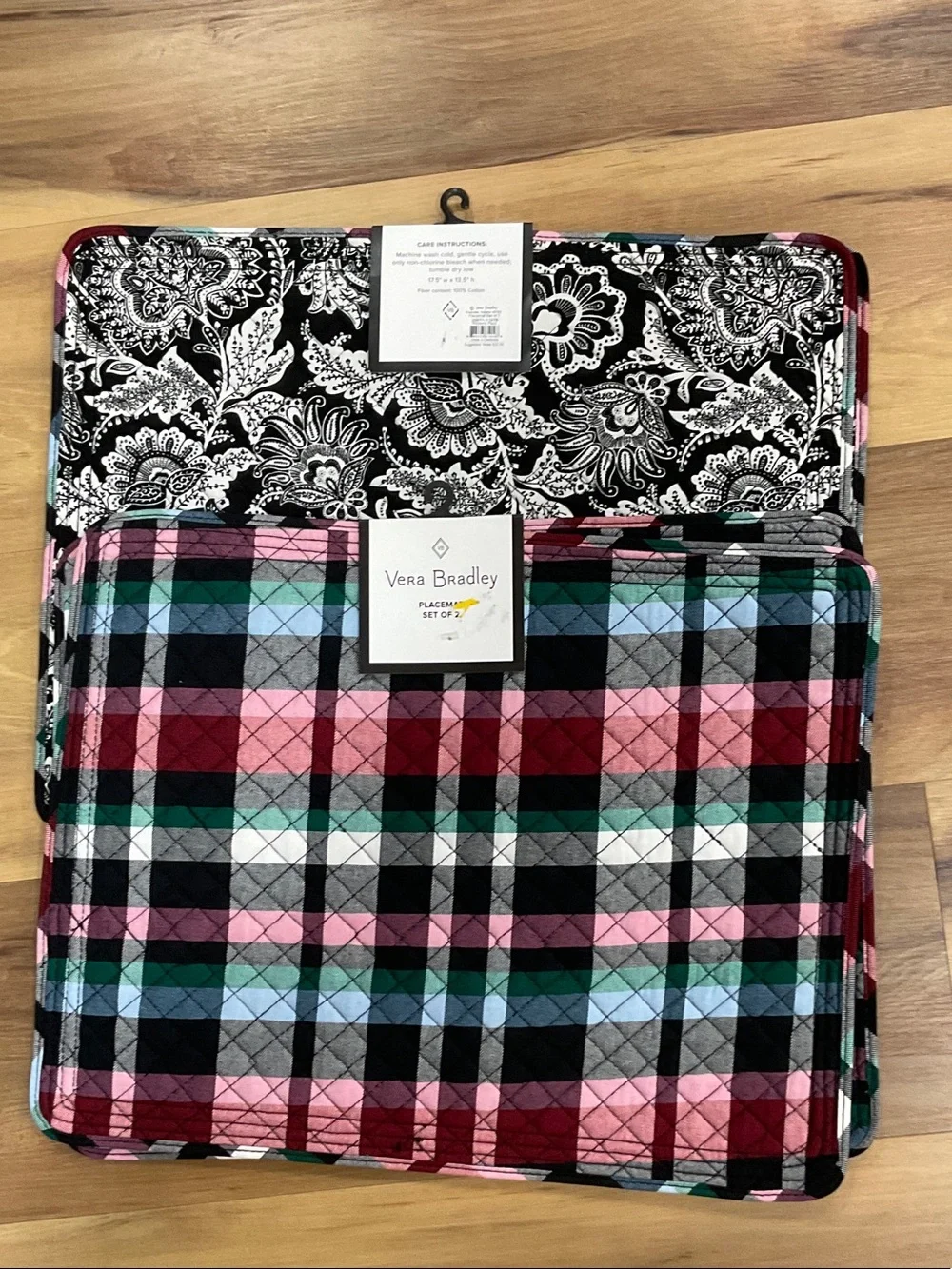 Vera Bradley Plaid Quilted Placemats in Pink, Black & Green